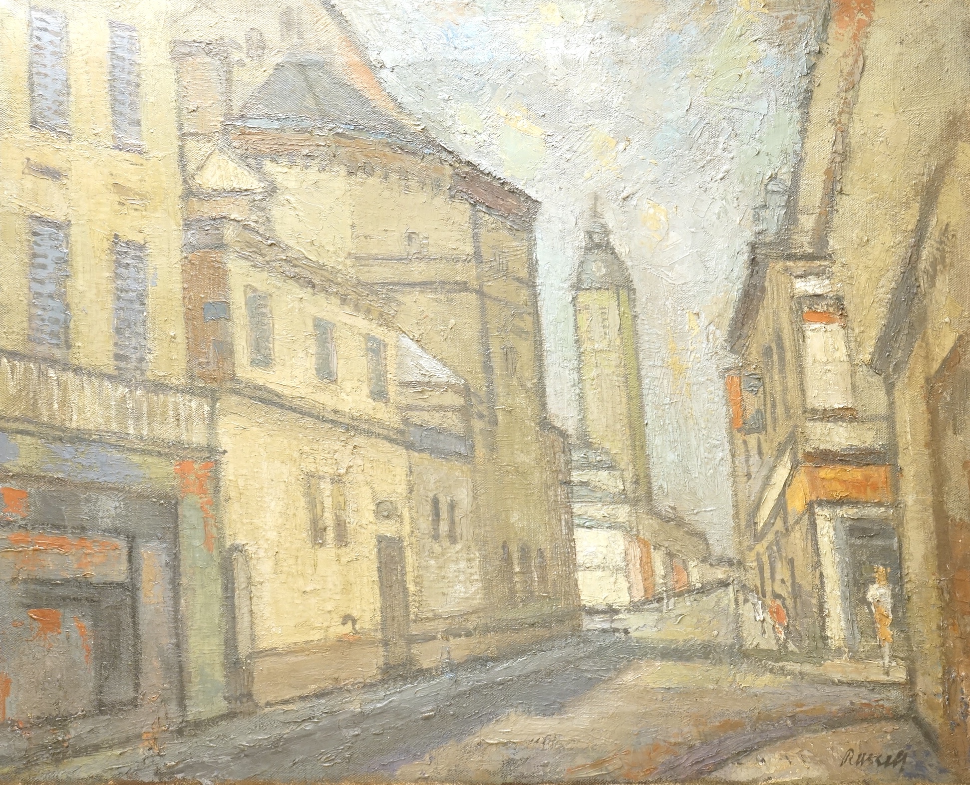 Robert Russell (1902-1982), Moody street scene, signed, impasto oil on canvas, 41 x 51cm